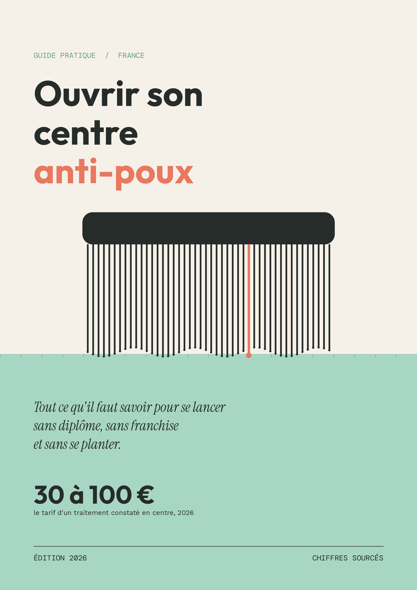 Couverture du guide Ouvrir son centre anti-poux, peigne stylisé sur fond beige et vert menthe