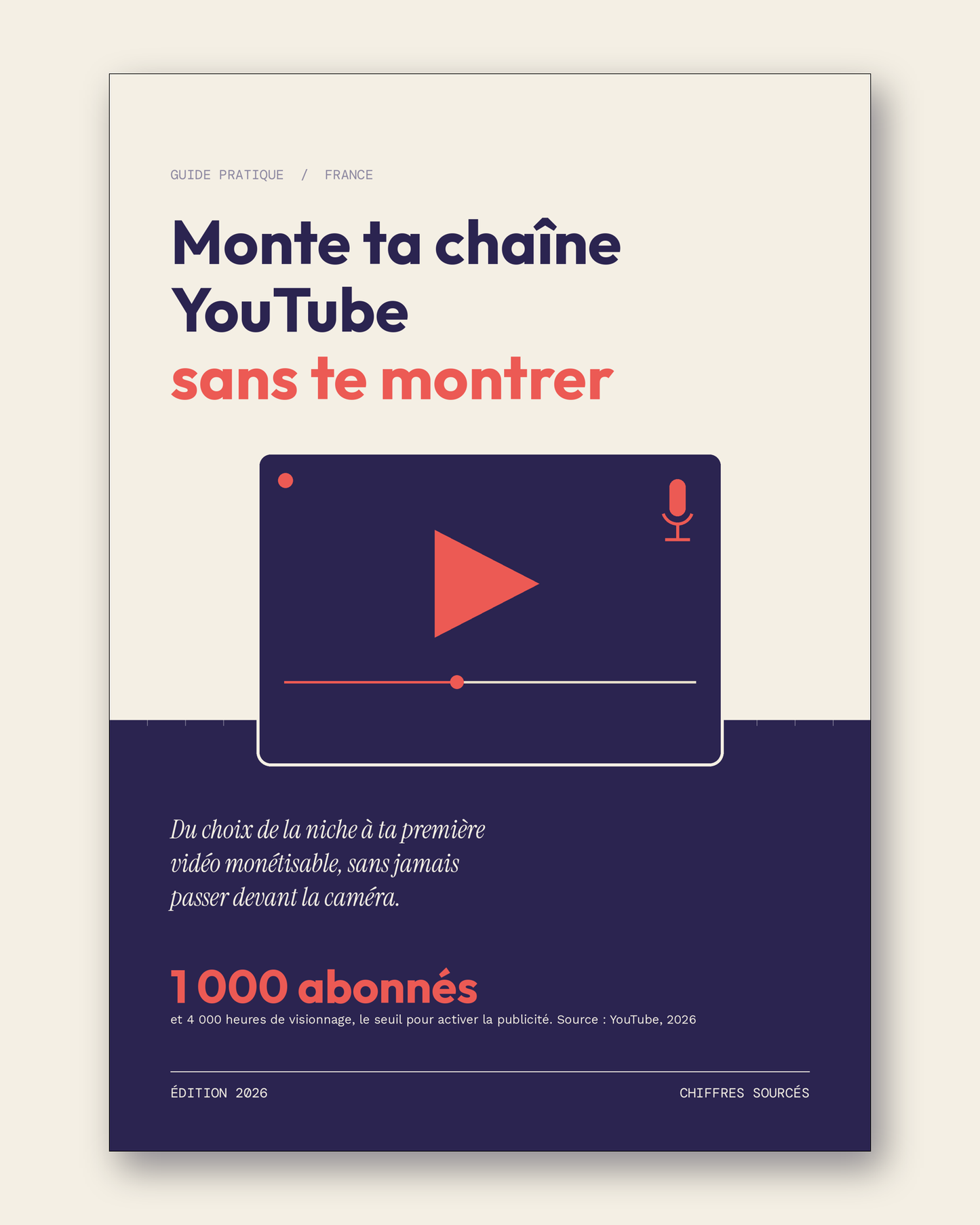 Couverture, alt, couverture de l'ebook Monte ta chaîne YouTube sans te montrer, guide pratique France. Visuels produit, alt, ebook chaîne YouTube sans visage, présentation produit.