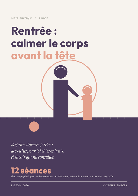 Couverture de l'ebook Rentrée, calmer le corps avant la tête, guide pratique France, adulte et enfant main dans la main sur fond crème et prune