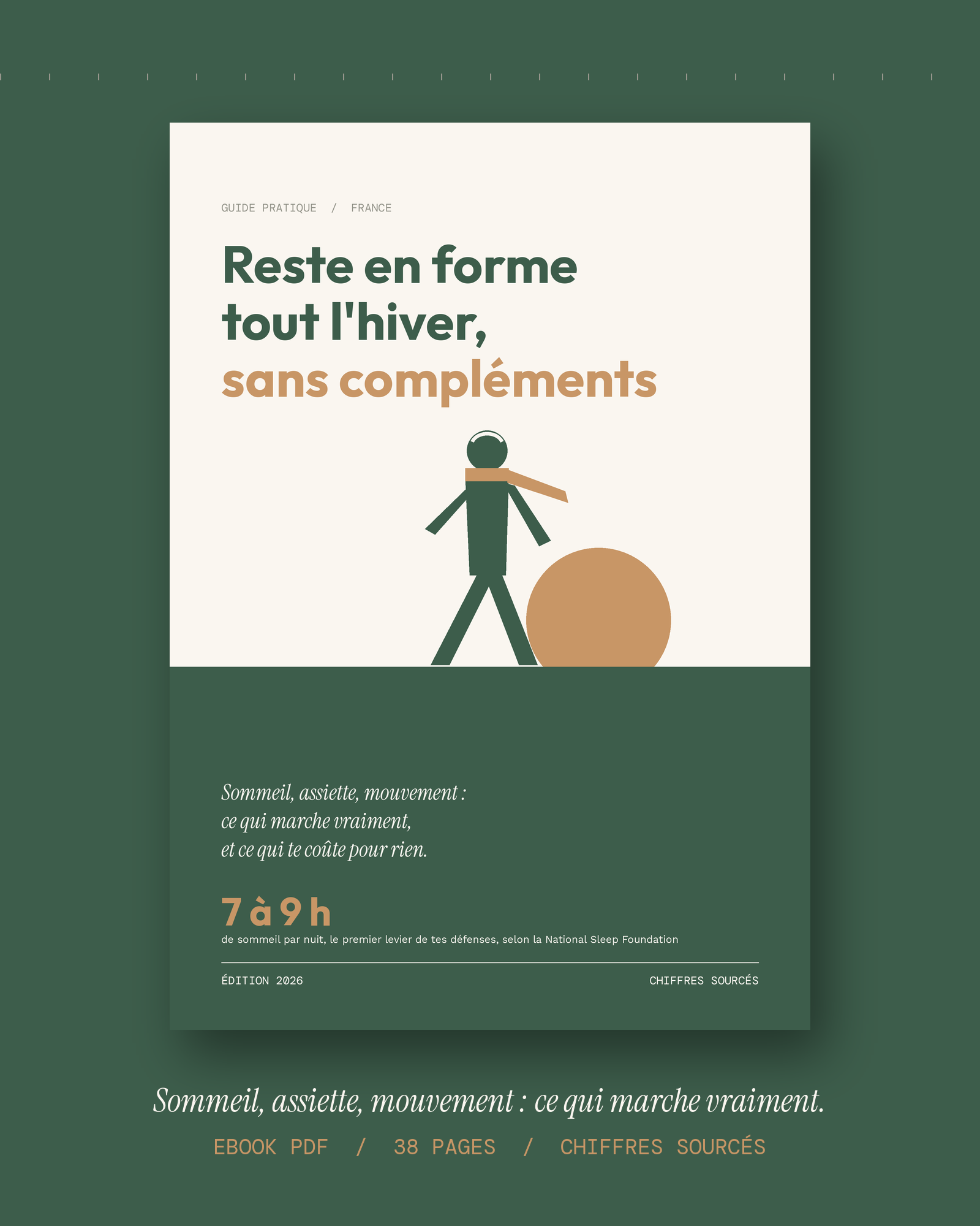 Couverture de l'ebook Reste en forme tout l'hiver, sans compléments, guide pratique France, silhouette de marcheur et soleil d'hiver sur fond crème et vert