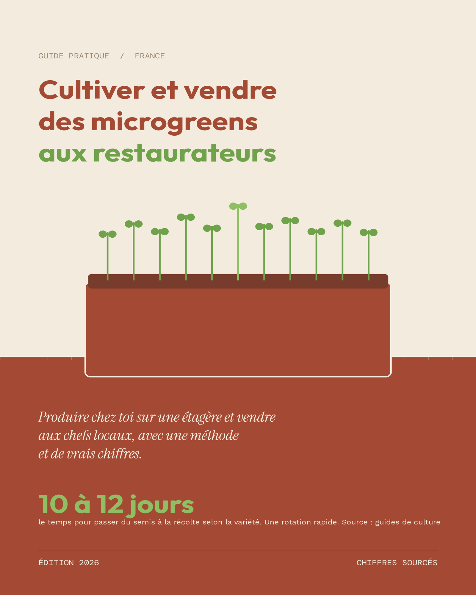Couverture, alt, couverture de l'ebook Cultiver et vendre des microgreens aux restaurateurs, guide pratique France. Visuels produit, alt, ebook microgreens, présentation produit.