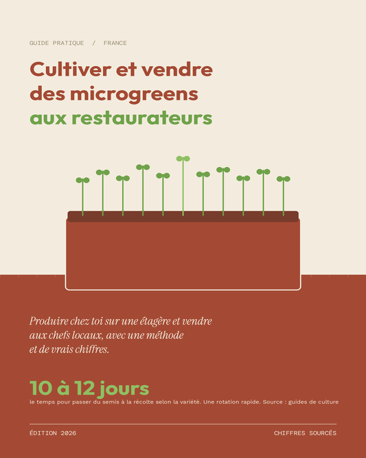 Couverture, alt, couverture de l'ebook Cultiver et vendre des microgreens aux restaurateurs, guide pratique France. Visuels produit, alt, ebook microgreens, présentation produit.