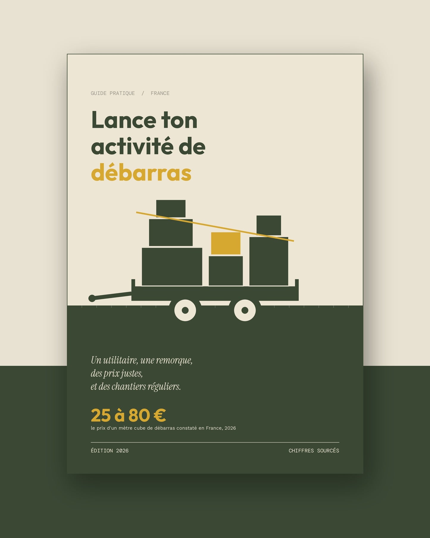 Couverture du guide Lance ton activité de débarras, remorque chargée stylisée sur fond sable et kaki
