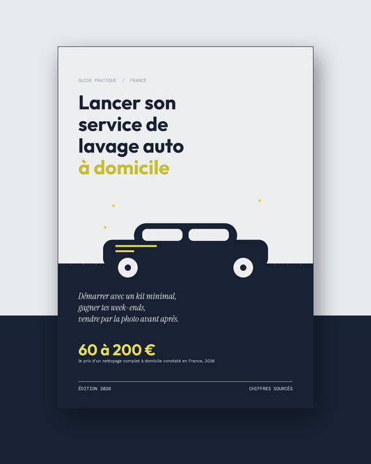 Couverture du guide Lancer son service de lavage auto à domicile, voiture stylisée sur fond bleu nuit et gris perle